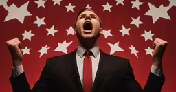 the man in the suit is screaming into the air
