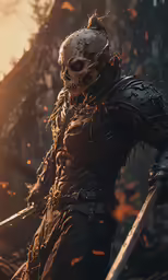 a skeleton warrior in armor standing with a sword