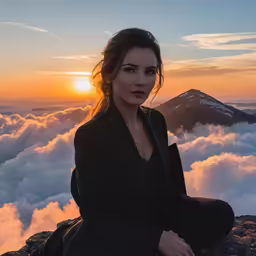 a beautiful young woman is sitting on a rock overlooking the clouds