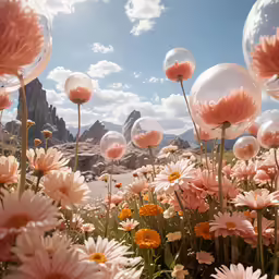 a field of flowers with some very large balloons
