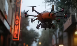 a red propellered drone flying over a building on a foggy day