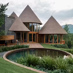 a house with a large pond in front of it