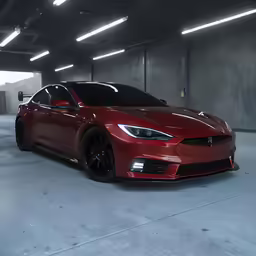 an elegant red car is parked inside a building
