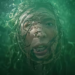 a young man submerged in water looking into the camera
