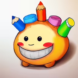 a drawing of a happy orange with a pencil and an eraser on its head