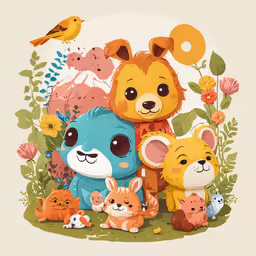 cute bears and rabbits with a bird on top,a group of cartoon animals that are in the grass