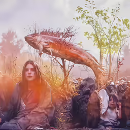 a woman is kneeling down and staring at a lizard in the air