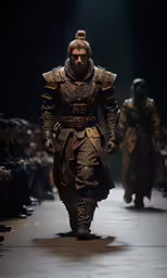 a man in armor walking down the runway