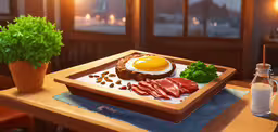 a breakfast board with ham and egg, bacon, green leafy sprouts, ojt and milk,a plate with some food on top of a table