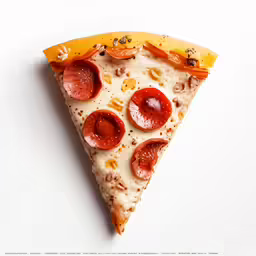a slice of pizza is shown on a white surface