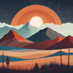 a painting of the sun rising above a mountainous mountain range,a painting of two people standing in front of mountains