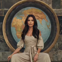 a woman in a long dress sitting in front of a map