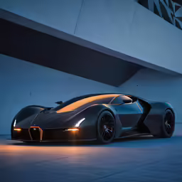 the sleek design of a car sits in front of a building
