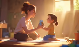 a woman and a girl are playing with a cup