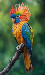 a colorful bird with many colors on his head is sitting on a tree branch