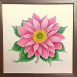 a picture of a flower with leaves in the center,a picture of a pink flower on paper