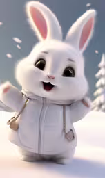 a little white bunny in a winter scene,a white rabbit in the snow with a jacket on