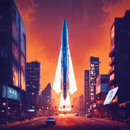 a very big nice looking space rocket in the sky,a sci - fim rocket going up into the sky