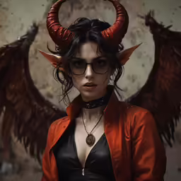 a woman dressed as an angel and standing next to a demon
