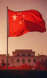 a large flag flying over a big building