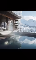 a large outdoor pool and deck area with chaise lounges