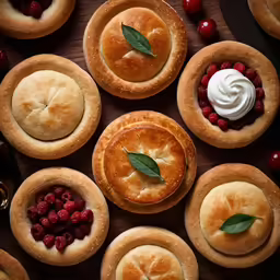 a selection of small pies with berries and whipped cream