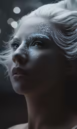 a woman with long white hair and silver glitter on her face