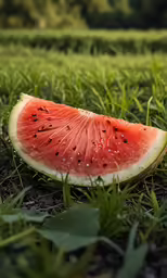 a sliced watermelon is sitting in some grass