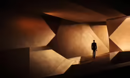 a silhouetted person in a room with large wall dividers