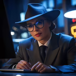 a lady with a hat is wearing glasses and a suit