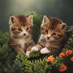 two kittens sitting in a pine tree with flowers