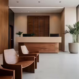 three chairs sitting in front of an office desk