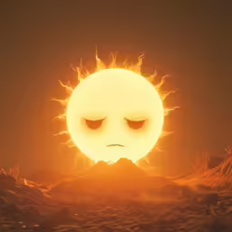 a sun that has the face of an evil looking man in front of it
