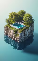 an island with a pool is floating in the middle of the water