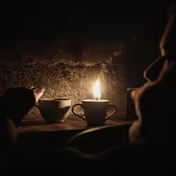 a candle lit in a cup with two bowls around it