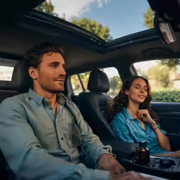 a man and woman sitting in a car and looking up