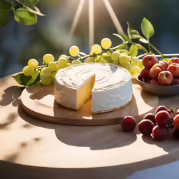 a cheese cake sits on a cutting board beside fruit