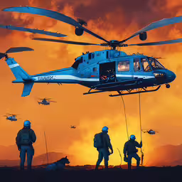 two men stand in front of a helicopter, while one man is on his knee,two military men in uniforms watching as a helicopter hovers overhead