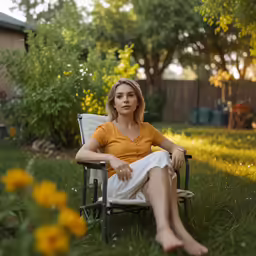 a woman sitting on a chair in the middle of a field