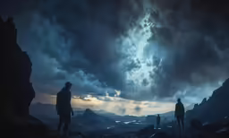 people stand on top of a mountain at night