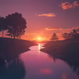 the sun sets on the horizon and casts an orange glow
