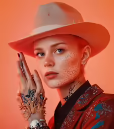 a girl with tattoos and a fedora holding her hands
