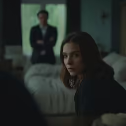 woman staring off into distance in dark room with man watching