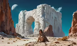 woman sitting on the desert in front of a snowy mountain range