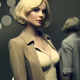a woman in white shirt and tan coat standing near man