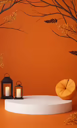 the candle sits on a platform with a lantern and two trees