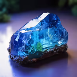a blue, glass rock with a small plant on it