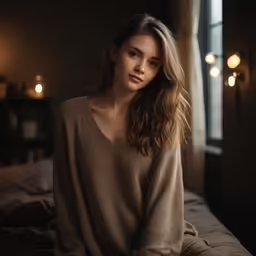 a young woman sits on a bed in a dimly lit room