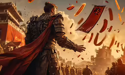 a man dressed in armor stands with red flags flying from his shoulders