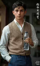 the young man is holding a bottle and posing for a picture